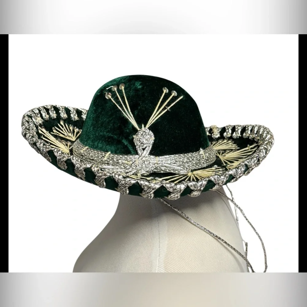 Salazar Yepez Youth Velvet Green Silver Sequins Mexican Sombrero Hat Mariachi